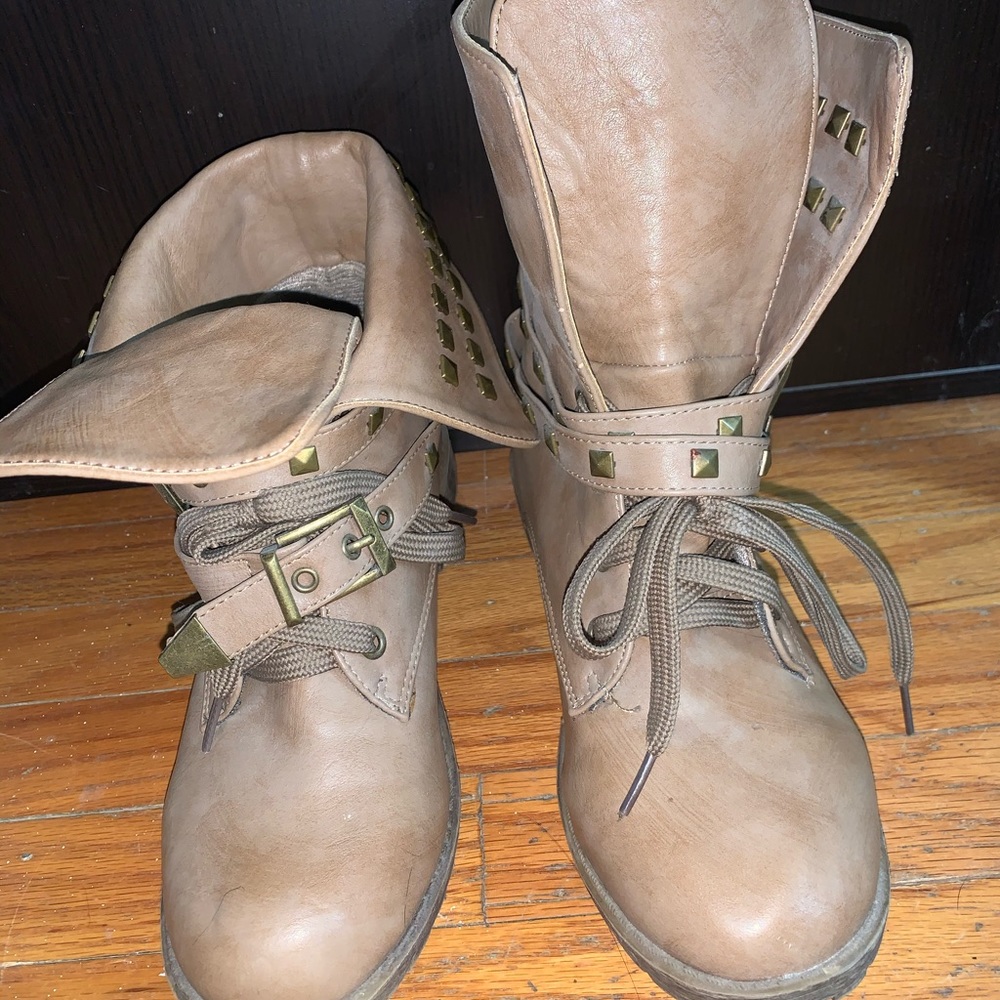 Slouchy studded tan combat boot